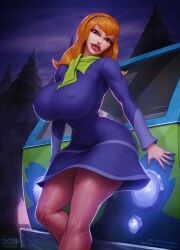 2d 2d_(artwork) 2d_artwork artist_name artist_signature barretxiii big_breasts big_lips bimbo breasts busty car daphne_blake erect_nipples female female_only hanna-barbera hourglass_figure large_breasts long_hair makeup mystery_machine night nipple_bulge pinup purple_eyes purple_nails red_hair red_lipstick scarf scooby-doo tagme thick_thighs van watermark wide_hips
