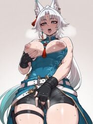 1girls ai_generated astralgazer between_breasts black_boots black_shorts blush boots breasts_out breasts_squeeze chinese_clothes ear_piercing earrings exposed_breasts exposed_shoulders eyeshadow feixiao_(honkai:_star_rail) female female_focus female_masturbation fingering fingering_pussy fingering_self fingering_through_clothes fingerless_gloves fox fox_ears fox_girl gloves grabbing_own_breast green_hair groping groping_breasts hand_on_breast honkai:_star_rail honkai_(series) hoyoverse kemonomimi knee_boots large_breasts long_hair looking_pleasured masturbation_through_clothing naughty_face nipple_play nipple_stimulation nipple_tweak nipples open_mouth pink_nipples pussy_juice saliva saliva_trail shorts shoulders sleeveless sleeveless_shirt solo squeezing_breast steam steaming_body sweat sweatdrop sweaty_thighs tassel thigh_strap thighs tongue_out two_tone_hair very_long_hair white_hair
