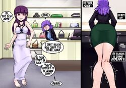 2girls ass blush breasts clenched_teeth desperate desperation dress english_text female green_skirt have_to_pee jailor_eckman long_hair need_to_pee original original_character pencil_skirt pink_hair purple_eyes purple_hair red_eyes short_hair skirt tears wide_eyed