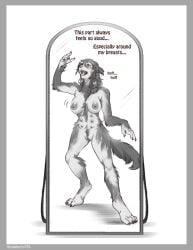 2024 8_nipples anthro areola biped black_body black_fur border breasts breath dialogue digitigrade english_text female fur fur_growth genitals grey_border greyscale growth hair human_to_anthro looking_at_own_hand mid_transformation mirror mirror_reflection monochrome motion_lines multi_nipple nipples nude open_mouth panting paws pussy reflection simple_background snout solo species_transformation standing strawberrytfs tail text tongue transformation white_background