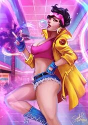 1girl belt belt_buckle black_hair blue_footwear blue_gloves blue_shorts boots breasts brown_eyes bubble bubble_blowing buckle chewing_gum cleavage clothing crop_top cross-laced_footwear cutoffs denim denim_shorts earrings eyeshadow eyewear_on_head female fingerless_gloves fingernails footwear forty_fathoms_(artist) glasses gloves goggles goggles_on_head hoop_earrings jacket jewelry jubilee lace-up_boots large_breasts lips lipstick long_coat looking_at_viewer makeup mall marvel marvel_comics medium_breasts midriff nail_polish navel nose open_clothes open_jacket pink_sky pinup shoes short_hair short_shorts shorts smile solo standing standing_on_one_leg stomach tagme tree v x-men x-men_97