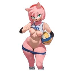alternate_costume amy_rose ball blue_shorts breasts cleft_of_venus clothes_lift clothes_pull collarbone commentary cowboy_shot dolphin_shorts elbow_pads english_commentary eyelashes female furrowed_brow furry furry_female green_eyes highres holding holding_ball medium_breasts nipples pink_fur pussy shirt_lift shorts shorts_pull smewed smile solo sonic_(series) sportswear standing tank_top thigh_gap transparent_background v-shaped_eyebrows volleyball volleyball_uniform white_tank_top wide_hips