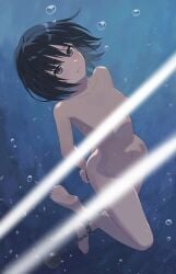 air_bubble amagami asphyxiation ball_and_chain_restraint black_eyes black_hair blue_one-piece_swimsuit botan_m bound bound_wrists breasts bubble closed_mouth commentary_request completely_nude drowning female full_body highres holding_breath light_censor nanasaki_ai nude one-piece_swimsuit paid_reward_available restrained short_hair sinking small_breasts soles solo struggling submerged swimsuit underwater water