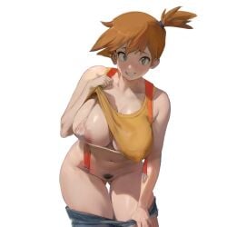 alternate_breast_size areola_slip ass_visible_through_thighs asymmetrical_hair bikini bikini_top_only bikini_under_clothes blue_shorts blush breasts clothes_lift clothes_pull commentary cowboy_shot curvy denim denim_shorts english_commentary female female_pubic_hair green_eyes highres kasumi_(pokemon) large_breasts lifting_own_clothes looking_at_viewer micro_bikini mismatched_pubic_hair mole mole_on_breast navel no_panties orange_hair parted_lips pokemon pokemon_(anime) pokemon_(classic_anime) pubic_hair shirt_lift short_hair short_shorts shorts shorts_pull side_ponytail simple_background sleeveless smewed smile solo standing stomach string_bikini suspenders swimsuit tank_top thigh_gap undressing white_background white_bikini yellow_tank_top