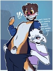 absurd_res anthro assisted_exposure bedroom_eyes blushing_profusely bodily_fluids bovid caprine chastity_cage chastity_device choker clothed clothing dialogue dolphin_shorts duo embarrassed exclamation_point femboy freckles fros_(froskury) genital_fluids hi_res jewelry leaking_precum male male/male mammal mustelid musteline narrowed_eyes necklace no_underwear onesie onesie_only pajamas precum seductive sheep smug stoat surprised_expression true_musteline undressing_another weasel yaboyfoz!