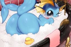 anthro ass bath bathing bathtub blue_body blush bubble bubble_bath collar eeveelution female fishkittn floor generation_1_pokemon genitals hi_res mammal nintendo nude pokemon pokemon_(species) presenting presenting_hindquarters pussy rubber_duck shower shower_head solo tail tile tile_floor tile_wall towel vaporeon wall_(structure) water wet