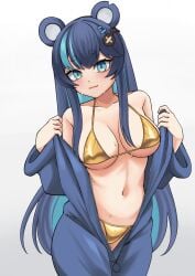 1girls bear_ears bear_girl belly_button bikini blue_eyes blue_hair blush bodysuit_open breasts embarrassed eyebrows_visible_through_hair female female_only fujikura_uruka gold_bikini golden_week huge_breasts light-skinned_female light_skin looking_at_viewer navel phase_connect phase_origins ragerkgk simple_background solo sweat swimsuit thick_eyebrows virtual_youtuber white_background