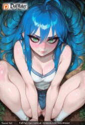 1girls ai_generated ass bangs bare_shoulders barefoot blue_hair blush breasts cleavage closed_mouth collarbone denim denim_shorts dollmaker eyebrows_visible_through_hair female grass green_eyes hair_between_eyes knees_up konata_izumi leaf long_hair looking_at_viewer lucky_star lying medium_breasts messy_hair mole mole_on_breast mole_under_eye no_panties on_back on_grass on_ground outdoors plant potted_plant shoes shorts socks solo spread_legs squatting sweat tagme very_long_hair