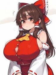 ai_generated blush brown_eyes brown_hair cleavage female large_breasts osmarsan overflowing_breasts reimu_hakurei touhou
