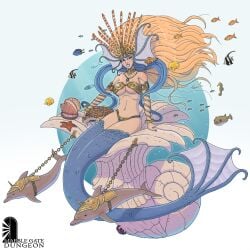 breasts brett_neufeld chariot crown fantasy female fish fish_humanoid fish_tail marble_gate_dungeon mermaid metal_bikini queen shell_chariot underwater