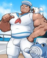 abs arm_tattoo bara big_pecs black_hair bulge daddy dilf generation_1_pokemon generation_3_pokemon hair huge_muscles huge_pecs human maldu male male_only muscles muscular muscular_human muscular_male pecs pokemon poliwhirl sailor sailor_(pokemon) sailor_hat tattoo water wingull yaoi