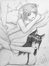 ahe_gao ahri ahri_a_walla artist_name ass black_hair cum cum_inside facial foursome fox_ears league_of_legends nipples riot_games sketch sona_buvelle straight tail traditional_media_(artwork)