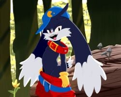 anthro bandai_namco bangs barely_visible_genitalia barely_visible_penis belly belt black_eyes blue_belt blue_body blue_fur bottomwear cheek_tuft clothing collar domestic_cat ear_tuft eyebrows facial_tuft felid feline felis flower fluffy fluffy_ears fluffy_tail forest forest_background fungus fur genitals gloves handwear hat headgear headwear hi_res hybrid jojo_hernandez klonoa klonoa_(series) lagomorph leporid light light_beam log long_ears looking_at_viewer male mammal multicolored_body multicolored_fur mushroom nature nature_background pac-man_(series) penis plant pulling_pants_down rabbit red_bottomwear red_clothing red_shorts sharp_teeth short_tail shorts solo sunbeam sunlight tail teeth tongue tongue_out tree tuft two_tone_body two_tone_fur white_body white_fur wood yellow_clothing yellow_gloves yellow_handwear