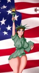 1girl american_flag big_boobs big_breasts big_thighs big_waist blonde_hair blue_eyes breasts caosenriqueart female girl solo statue_of_liberty