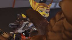 3d_(artwork) ambiguous_species anthro armor balls bedroom_eyes bottomless bottomless_male clothed clothing detailed_background digital_media_(artwork) ears_up foreskin genitals group guardians_of_the_galaxy headgear hi_res kneeling_oral_position lombax male male/male mammal marvel muscular muscular_male narrowed_eyes nipples pecs penis penis_on_face penis_sniffing procyonid pubes raccoon ratchet_(ratchet_and_clank) ratchet_and_clank rocket_raccoon seductive size_difference sniffing sony_corporation sony_interactive_entertainment sunkevin5885 tail trio vein veiny_penis whiskers