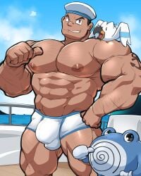 abs arm_hair arm_tattoo bara big_nipples big_pecs black_hair bulge chest_hair daddy dilf generation_1_pokemon generation_3_pokemon hair huge_muscles huge_pecs human maldu male male_only muscles muscular muscular_human muscular_male nipples pecs pokemon poliwhirl sailor sailor_(pokemon) sailor_hat tattoo topless topless_male underwear underwear_only water wingull yaoi