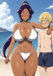 1boy1girl ai_generated arm_over_shoulder ayyaai beach bigger_female bikini bleach bleach:_the_thousand-year_blood_war blonde_hair blue_sky blush bulge bulge_through_clothing cleavage dark-skinned_female erection female huge_breasts imminent_sex interracial light-skinned_male male purple_hair shihouin_yoruichi size_difference smaller_male thick_thighs water wide_hips