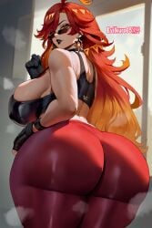 ai_generated black_gloves bottom_heavy evilkuro05 genshin_impact gym headphones looking_back mavuika_(genshin_impact) seductive_look sports_bra training yoga_pants