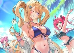 3girls ahoge arm_up armpits azur_lane bare_shoulders beach bead_bracelet beads bikini black_bikini blonde_hair blue_bikini blue_eyes blue_nails blue_sky blush bow bow_bikini bracelet breasts choker cleavage cloud collarbone cup day double_bun food frilled_bikini frills front-tie_bikini_top front-tie_top grey_bikini grin guam_(azur_lane) hair_bun hair_ornament hair_ribbon hairclip halterneck heart holding holding_cup holding_food ice_cream ice_cream_cone jacket jewelry large_breasts long_hair looking_at_viewer multicolored_hair multiple_girls nail_polish navel ocean off_shoulder one_eye_closed open_clothes open_mouth outdoors pink_hair popsicle purple_eyes red_hair san_diego_(azur_lane) saratoga_(azur_lane) shirt sky smile stomach streaked_hair swimsuit twintails two_side_up very_long_hair water white_bikini white_jacket white_shirt wrist_scrunchie