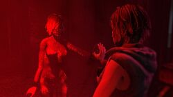 2girls blonde_hair blood_on_body blood_on_face blood_on_hand blood_on_leg bloody_hair cheryl_mason female fully_clothed fully_nude heather_mason mirror mirror_reflection reivoxel selfcest silent_hill silent_hill_3 smiling