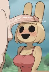 animal_crossing anthro anthro_focus big_penis biped blush breasts brown_body clothing coco_(animal_crossing) duo empty_eyes erection female female_anthro female_focus female_on_human foreskin genitals gyroid healerart hi_res human human_on_anthro humanoid_genitalia humanoid_penis interspecies lagomorph leporid male male/female male_human male_on_anthro mammal nintendo outside penis penis_on_head rabbit retracted_foreskin shirt solo_focus standing tank_top topwear uncircumcised vein veiny_penis villager_(animal_crossing)