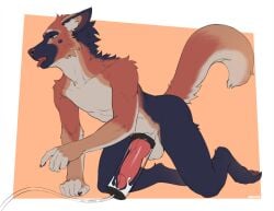 all_fours anthro balls big_penis bodily_fluids canid canine cum ejaculation fur genital_fluids knot machine male mammal milking_machine multicolored_body multicolored_fur oreobird penile penis penis_milking raised_tail solo tail tongue tongue_out