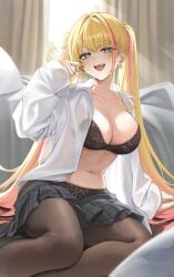 1girls absurdres aqua_eyes black_bra black_panties blonde_hair bra breasts brown_pantyhose cleavage collared_shirt dorothy_(resonance_solstice) earrings female highres indoors jewelry large_breasts long_hair long_sleeves looking_at_viewer multicolored_hair navel open_clothes open_mouth open_shirt panties pantyhose pink_hair resonance_solstice shirt sitting skirt smile solcha solo sparkling_eyes stomach streaked_hair sweat teeth twintails underwear upper_teeth_only white_shirt
