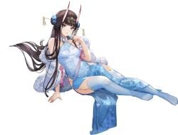 arm_support azur_lane bare_shoulders black_hair blue_dress blue_flower blunt_bangs breasts cg china_dress chinese_clothes dress feather_boa feet female floral_print flower full_body garter_straps hair_flower hair_ornament horns long_hair looking_at_viewer medium_breasts nail_polish no_shoes noshiro_(azur_lane) noshiro_(fragrance_of_the_eastern_snow)_(azur_lane) off_shoulder official_alternate_costume official_art open_mouth parted_lips pelvic_curtain print_dress purple_eyes shawl side_slit sitting sleeveless sleeveless_dress solo thighhighs thighs transparent_background very_long_hair white_background white_thighhighs