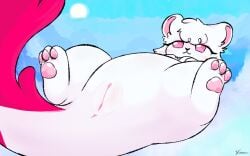 anus blush blush_lines cloud eyelashes female feral genitals hi_res konen mammal mustelid musteline overweight paws pink_eyes plump_labia presenting presenting_pussy pussy signature sky skyscape solo stoat sun true_musteline weasel white_body