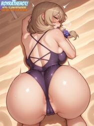 ai_generated anus anus_peek beach big_ass big_breasts blonde_hair cameltoe from_above from_behind genshin_impact green_eyes hair_flower light-skinned_female light_blonde_hair light_skin lisa_(genshin_impact) mature_female royrathehot sand semi_nude thick_thighs watermark
