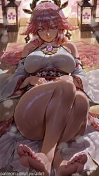 1girls absurd_res absurd_resolution absurdres ai_generated bare_legs bare_shoulders bare_thighs barefoot big_breasts breasts busty clothing curvaceous curvy curvy_female curvy_figure detailed_background feet feet_focus feet_together feet_up female female_focus female_only fox_ears fox_girl genshin_impact hi_res high_resolution highres huge_breasts kimono large_breasts light-skinned_female light_skin looking_at_viewer nail_polish nails_painted painted_nails painted_toenails patreon patreon_url pink_hair pose posing purple_eyes self_upload solo solo_female solo_focus thick_thighs thighs toenail_polish toenails toes yae_miko