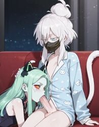 ai_generated black_mask blue_eyes blush cat_ears cat_tail colored_eyelashes deux_murasame dildo_under_mask fellatio freckles green_hair grey_hair gundam gundam_gquuuuuux hair_bun highres long_hair male male_only mask masked mouth_mask nimona1491_(artist) penis petite purple_pupils rebecca_(edgerunners) shoulder_blades simple_background small_penis updo white_background white_eyelashes white_hai