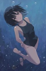 air_bubble amagami asphyxiation ball_and_chain_restraint barefoot black_eyes black_hair black_one-piece_swimsuit blue_one-piece_swimsuit botan_m bound bound_wrists bubble closed_mouth collarbone commentary_request competition_swimsuit drowning egg_vibrator female full_body highres holding_breath looking_at_viewer nanasaki_ai one-piece_swimsuit paid_reward_available restrained sex_toy short_hair sinking soles solo struggling submerged swimsuit two-tone_one-piece_swimsuit two-tone_swimsuit underwater vibrator vibrator_under_swimsuit water