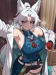 1girls ai_generated armpit armpit_fetish armpits black_boots black_shorts boots chinese_clothes ear_piercing earrings exposed_shoulders eyeshadow feixiao_(honkai:_star_rail) female fingerless_gloves fox fox_ears fox_girl gloves green_hair honkai:_star_rail honkai_(series) hoyoverse jacket jacket_partially_removed kemonomimi knee_boots large_breasts long_hair long_sleeves looking_at_viewer off_shoulder open_clothes open_jacket removing_clothing shorts shoulders sleeveless sleeveless_shirt smirk solo steam steaming_body sweat tassel thigh_strap thighs two_tone_hair very_long_hair white_hair white_jacket