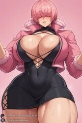 1female 1girls 2025 ai_generated artist_name bangs big_ass big_breasts black_dress blush breasts cleavage cleavage_cutout clothing_cutout covered_navel cropped_jacket curvy dress female fur_trim hair_over_eyes hi_res high_quality high_resolution highres huge_ass huge_breasts jacket king_of_fighters kof large_breasts looking_at_viewer parted_lips patreon patreon_username pink_background pink_hair pink_jacket shermie_(kof) short_dress short_hair solo sweat the_king_of_fighters thick_thighs thighs unjobdespiert voluptuous voluptuous_female watermark wide_hips