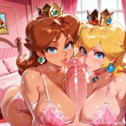 1boy 2girls ai_generated ass bed bedroom blonde_hair blue_eyes blush bra breast_press breasts brown_hair choker cooperative_paizuri covered_nipples crown earrings elbow_gloves erection ffm_threesome garter_belt gloves group_sex huge_breasts huge_cock indoors jewelry large_breasts large_penis lingerie lips long_hair looking_at_viewer mario_(series) mario_series mini_crown multiple_girls on_bed paizuri panties parted_lips penis pink_bra pink_choker pov princess_daisy princess_peach septerna smile sphere_earrings straight sweat thick_lips thighhighs threesome uncensored underwear underwear_only veins veiny_penis web_address white_gloves