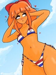 bikini breasts cloud mymy_schoppenboer ongezellig orange_hair outside pinup sky snowwwy_(artist) sweat sweatdrop sweating sweaty thick_thighs thighs underboob
