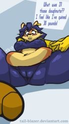 2018 anthro belly big_belly blue_hair breasts canid canine carmelita_fox clothing female fox genitals gloves hair handwear lying mammal overweight pussy sly_cooper_(series) solo sony_corporation sony_interactive_entertainment sucker_punch_productions tail-blazer text