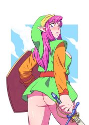 1girls 2023 ass big_ass big_breasts blue_eyes blush cleavage female female_only gigaslime hylian light-skinned_female light_skin link link_(shounen_captain) nintendo no_panties no_underwear pink_hair pointy_ears rear_view rule_63 the_legend_of_zelda the_legend_of_zelda_(nes) thick_thighs upskirt wide_hips