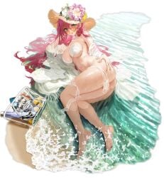 ass azur_lane barefoot beach bikini breasts can cg cleavage feet female flower food full_body green_eyes hair_between_eyes hat hat_flower large_breasts long_hair looking_at_viewer looking_over_eyewear lying multiple_straps nail_polish navel official_alternate_costume official_art on_side orange-tinted_eyewear parted_lips pink-tinted_eyewear pink_hair red_hair see-through sheer_clothes soles solo straw_hat string_bikini sun_hat sunglasses surcouf_(azur_lane) surcouf_(loisirs_balneaires)_(azur_lane) swimsuit thighs tinted_eyewear toes tongue_out transparent_background very_long_hair water wet white_bikini
