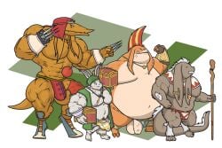 abstract_background accessory anklet anthro armor balls bangaa berserker_(final_fantasy) big_balls big_muscles brass_knuckles bulge chrm clothed clothing cock_ring final_fantasy flexing fur genitals grey_body grey_fur group headscarf hi_res ineffective_clothing ineffective_loincloth jewelry male mammal melee_weapon mohawk monk_(final_fantasy) moogle musclegut muscular nu_mou obese orange_body orange_skin overweight penis_accessory penis_jewelry piercing seeq size_difference square_enix staff thief_(final_fantasy) tight_underwear treasure_chest unconvincing_armor underwear underwear_only wardrobe_malfunction weapon white_body white_fur white_mage_(final_fantasy)