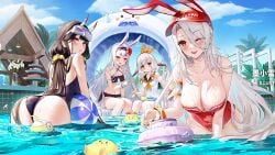 3girls 4girls ;d animal_ears ass azur_lane bare_shoulders bikini bird black_bikini black_hair black_one-piece_swimsuit blue_sky blush braid breasts brown_hair casual_one-piece_swimsuit cg chick cleavage cloud collarbone day eyewear_on_head eyewear_on_headwear fake_animal_ears flower food goggles goggles_on_head hair_between_eyes hair_flower hair_ornament hair_ribbon hairband hat holding horns innertube kazagumo_(azur_lane) large_breasts leaning_forward long_hair looking_at_viewer looking_back manjuu_(azur_lane) mole mole_under_eye multiple_girls navel noshiro_(azur_lane) noshiro_(unwinding_in_the_sunshine)_(azur_lane) official_alternate_costume official_art one-piece_swimsuit one_eye_closed open_mouth outdoors palm_tree partially_submerged ponytail pool pool_ladder poolside prinz_heinrich_(azur_lane) prinz_heinrich_(rabbit_on_watch)_(azur_lane) rabbit_ears red_bikini red_eyes red_one-piece_swimsuit sailor_collar scrunchie shimakaze_(azur_lane) shimakaze_(the_island_wind_rest)_(azur_lane) shorts sitting sky small_breasts smile sunglasses swim_ring swimsuit thighs tree twintails very_long_hair visor_cap wading water wet wet_clothes whistle whistle_around_neck white_bikini white_hair wrist_scrunchie yellow_bikini yellow_eyes