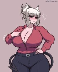 1girls bangs big_breasts blush breasts breasts_bigger_than_head busty cleavage clothed clothing demon_girl demon_horns demon_tail female female_focus female_only hand_on_hip helltaker horns hourglass_figure huge_breasts large_breasts light-skinned_female light_skin lucifer_(helltaker) mole mole_under_eye nipple_bulge red_eyes saltdrawyou solo solo_female solo_focus tail teasing thick_thighs thighs voluptuous voluptuous_female white_hair wide_hips