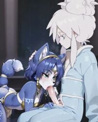 ai_generated black_mask blue_eyes blue_fur blush cat_ears cat_tail colored_eyelashes deux_murasame dildo_under_mask fellatio freckles furry grey_hair gundam gundam_gquuuuuux hair_bun highres krystal long_hair male male_only mask masked mouth_mask nimona1491_(artist) penis petite purple_pupils shoulder_blades simple_background small_penis updo white_background white_eyelashes white_hai