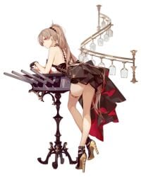 alcohol alternate_costume ass azur_lane backless_dress backless_outfit bangle bare_back bare_legs bare_shoulders bent_over black_background black_dress black_footwear black_gloves bottle bracelet breasts brown_hair cannon cg choker closed_mouth cocktail_dress cup dress drinking_glass earrings female from_behind full_body gloves gold_bracelet gold_choker hair_between_eyes hair_ornament half_gloves halter_dress halterneck high_heels high_ponytail holding jean_bart_(azur_lane) jean_bart_(uninhibited_bloodstone)_(azur_lane) jewelry large_breasts leaning_forward leaning_on_object light_brown_hair long_hair looking_at_viewer looking_back median_furrow medium_breasts official_alternate_costume official_art ponytail purple_eyes railing red_eyes shoulder_blades sideboob sidelocks simple_background skindentation sleeveless sleeveless_dress smile solo standing strapless strapless_dress thigh_strap thighlet thighs transparent_background turret very_long_hair weapon