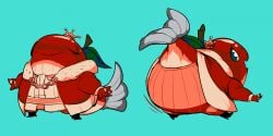 apple closed_eyes clothed clothing crown fish fish_tail food_creature king large_ass leaf looking_at_viewer looking_back monobutt red_body red_skin rings seymourcox shovel_knight troupple_king