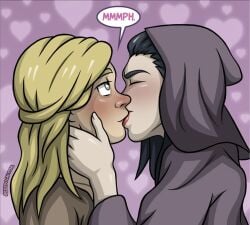 2girls black_hair blonde_hair clothed demetria_(eekpocalypse) duo eekpocalypse fantasy female hood kissing lady_anya lady_anya_(eekpocalypse) yuri