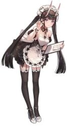 apron azur_lane bare_shoulders black_background black_dress black_hair black_thighhighs blunt_bangs breasts brown_hair cg choker clipboard detached_collar dress earrings female frilled_apron frills full_body garter_straps hair_ornament high_heels holding holding_clipboard horns jewelry leaning_forward long_hair looking_at_viewer maid maid_apron maid_headdress medium_breasts noshiro_(azur_lane) noshiro_(hold_the_ice)_(azur_lane) official_alternate_costume official_art oni_horns open_mouth parted_lips purple_eyes shoes simple_background small_breasts solo standing strapless strapless_dress thighhighs transparent_background twintails very_long_hair waist_apron white_apron white_dress white_footwear zettai_ryouiki