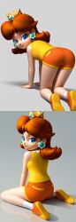 3d ai_assisted ai_generated background blue_eyes brown_hair butt civitai crown d3rmal earrings long_hair looking_at_viewer mario_(series) multiple_images nintendo princess_daisy seductive seductive_pose seductive_smile shirt shoes shorts showering simple_background sitting smirk thighs topwear
