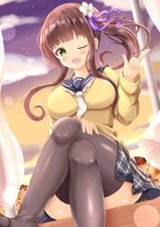 1girls ;d black_sailor_collar blush breasts brown_hair commentary_request crossed_legs curtains feet_out_of_frame female flower gochuumon_wa_usagi_desu_ka? green_eyes grey_skirt grey_thighhighs hair_flower hair_ornament hair_ribbon highres large_breasts long_hair looking_at_viewer neckerchief one_eye_closed open_mouth open_window pleated_skirt purple_ribbon ribbon sailor_collar side_ponytail sidelocks sitting sitting_in_window skirt smile solo sunset sweater thighhighs ujimatsu_chiya white_flower white_neckerchief window xenon_(for_achieve) yellow_sweater